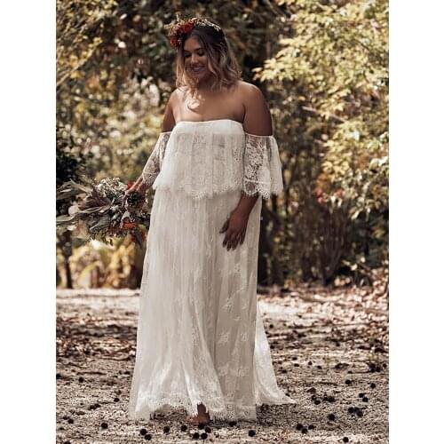 Overweight Plus Size Off Shoulder Lace Wedding Dress Bohemian Cheap Zipper White Beach Floor Length Bridal Gown Custom Made 940L