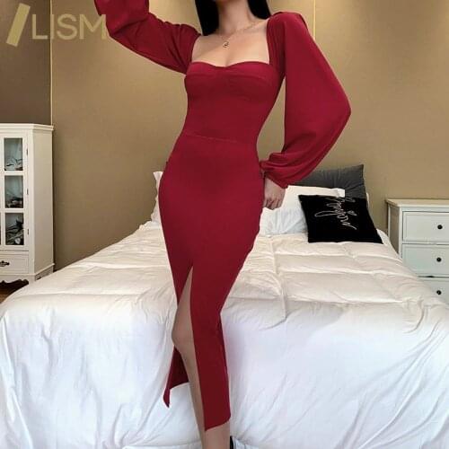 LISM Elegant Office Lady Solid Dresses Vintage Long Sleeve Square Neck Dresses for Party Women Slit Dress Vestido Feminino