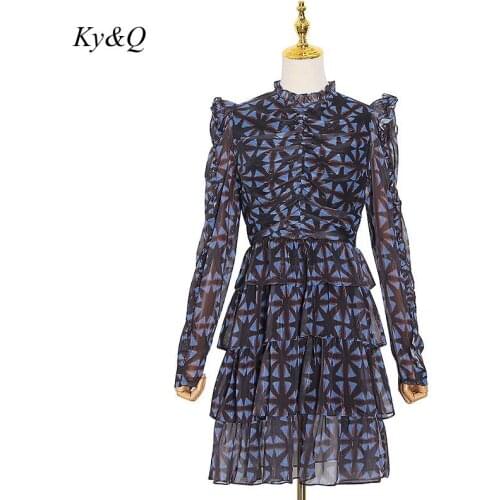 Vintage 2020 Autumn Women Fashion Elegant Chiffion Puff Sleeve Dress Printed Long-sleeved Female High Waist Slim Mini Dress