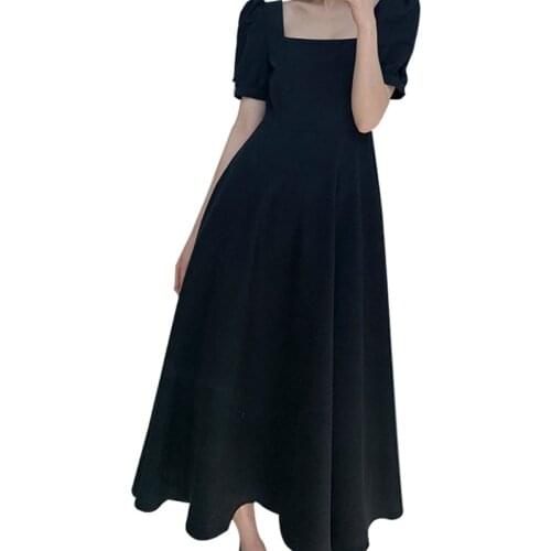 40JF Women Summer Puff Short Sleeve Square Neck Black Flowy Midi Long Dress Vintage French Style Empire High Waist Pleated Party