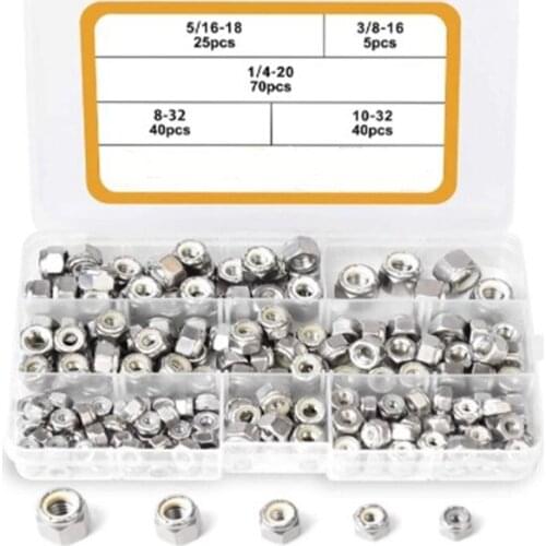 180PCS 1/4-20 5/16-18 3/8-16 8-32 10-32 Lock Nuts Nylon Insert Nut Assortment Kit, 304 Stainless Steel Hex Locknuts