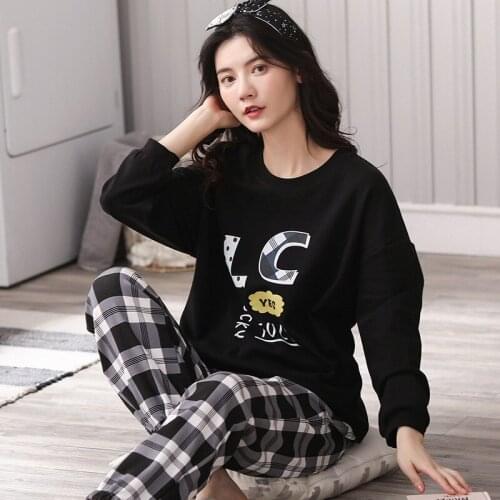 2020 Autumn Long Sleeve Cotton Pajama Sets for Women Casual Plaid Pants Sleepwear Suit Pyjama Homewear Pijama Mujer Home Clothes