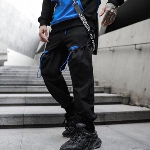 Mens drawstring pockets casual cargo pants hip hop streetwear joggers man personality black vintage sweatpants