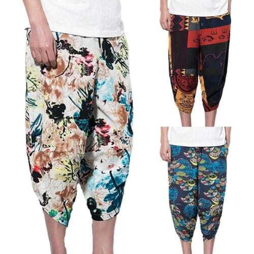 2021 cotton and linen trousers mens summer loose bohemian style high waist striped pocket pants casual breeches mens sports pa