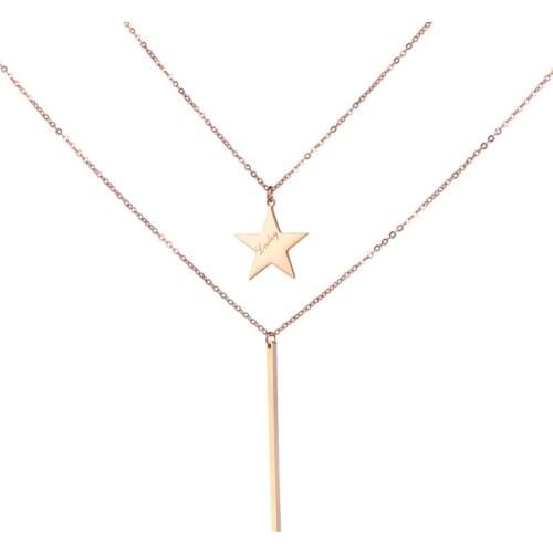 Strip & Lucky Star 2 Layers Necklace Stainless Steel Rose Gold Color Neckalce Fashion Jewelry For Christmas Gift N18279