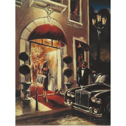 Canvas print painting elegant lady Moving toward a limousine lady after a party living room decor wall art