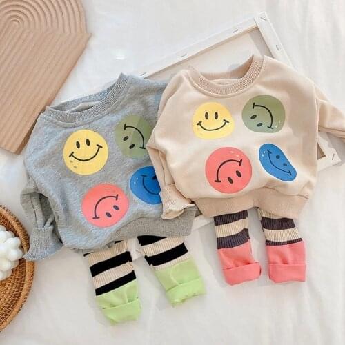 2021 Spring New Kids Clothing Set Cartoon O-Neck Long Sleeve Smile Blouse And Loose Pants 2 Pcs Suit