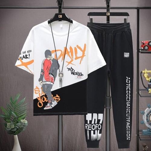 Casual Mens Sets Summer Tracksuit Sportswear Two Piece Set Short Sleeve T Shirt And Drwastring Elastic Waist Full Pants Clothes