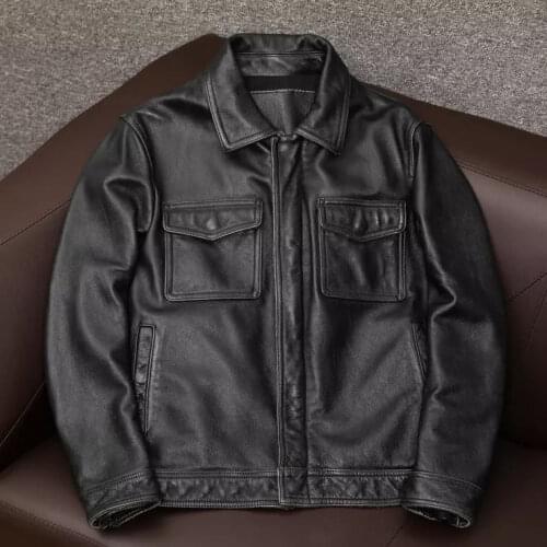 2021 Spring Autumn Men Fashion Vintage Cowhide Coat Classic Plus Size Slim Fit Leather Clothes Mens Genuine Leather Jacket