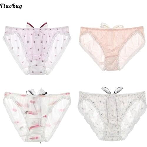 TiaoBug Man Sissy Gay Crossdress Cosplay Briefs See-Through Mesh Elastic Waistband Lace Bowknot Adorned Cute Underwear