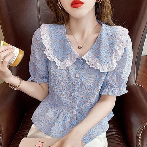 2021 summer new style literary shirt fashion small fresh doll lapel temperament floral chiffon small shirt female