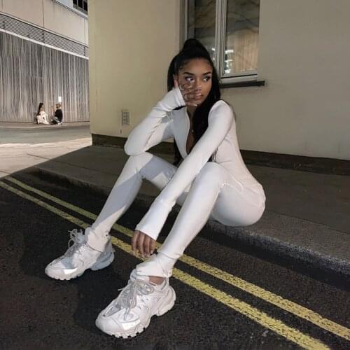 Solid Black/white Sports Jumpsuit Womens New High Waist Sporty Rompers Summer Slim Fitness Long Sleeve Zipper Elastic One Piece