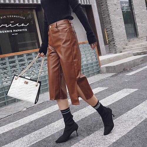 Autumn Winter 2020 New 7-Point Wide Leg Pants Wear Loose Straight Black Versatile Pu Casual Pants Fashion Temperament Hot
