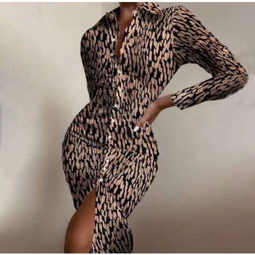 Autumn Women Boho Dress Spring 2021 New Sexy Slim Long Sleeve Turn-down Collar Print Button Midi Dresses For Women Robe Femme