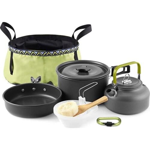 Outdoor Camping Pot Teapot Set With Folding Basin Cookware Pan Kettle Kit Nonstick Aluminum Lightweight Cookset For Hiking