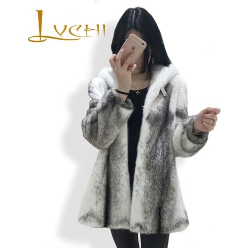 LVCHI Overcoat Ladies with Cap Midi Mink Coats Gray and White Velvet Primary color Fur Outerwear Woman Cross Mink Fur Clothes