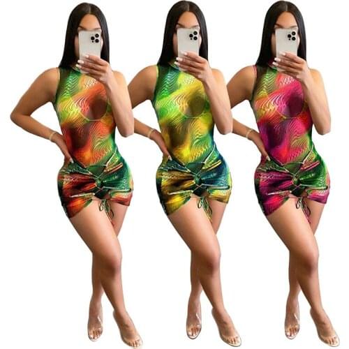 ZKYZWX Sexy Mesh Sheer Print Dress Sleeveless Bandage Bodycon Birthday Dresses for Women Summer Vacation Outfits Club Mini Dress