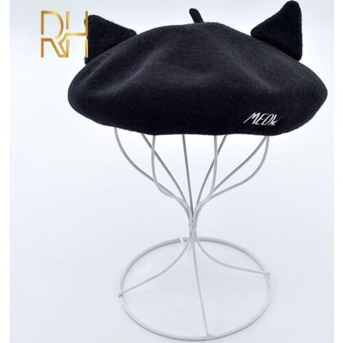 Cat Ears Wool Beret Artists Hat Autumn And Winter Cute Wool Bud Cap Embroidered Feather Hat Korean Letter For Women RH