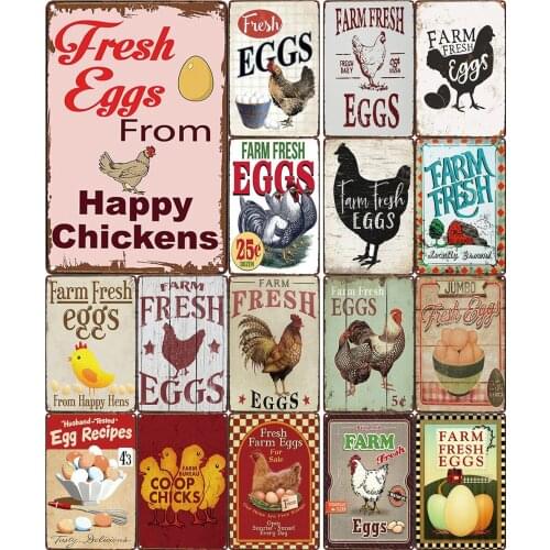 Fresh Eggs From Happy Chickens Vintage Tin Signs Farm Fresh Hens Egg Recipes for Farmhouse Bar Decor Personalized Metal Poster