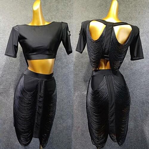 New Design Latin Dance Dress Suit Ladies Fringe Black Top/Skirt Rumba/Cowboy/Samba/Tango Dress Salsa Dance Dress Women VDB493