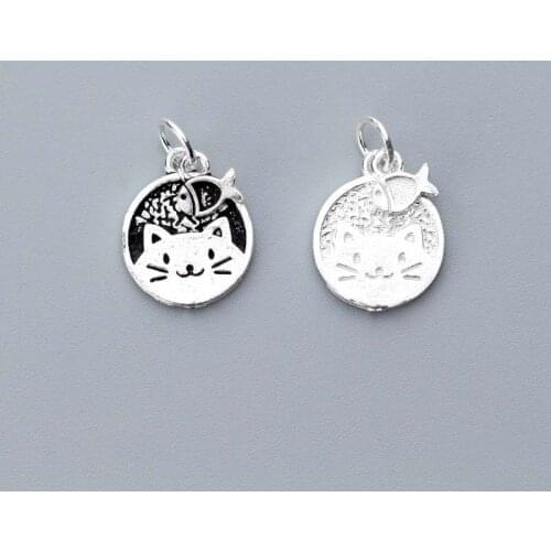 925 Sterling Silver Cute Round Kitty Tag Charms 13mm Craft Bracelets Pendant Accessories Diy Women Silver Jewelry Make Necklace