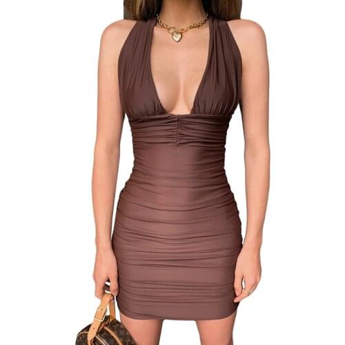 Women’s Front Tie-up Halter Dress Sexy Deep V Slim Hip lift Dress Fashion stripe Bandage Hollow Backless Ruffles Short Dress