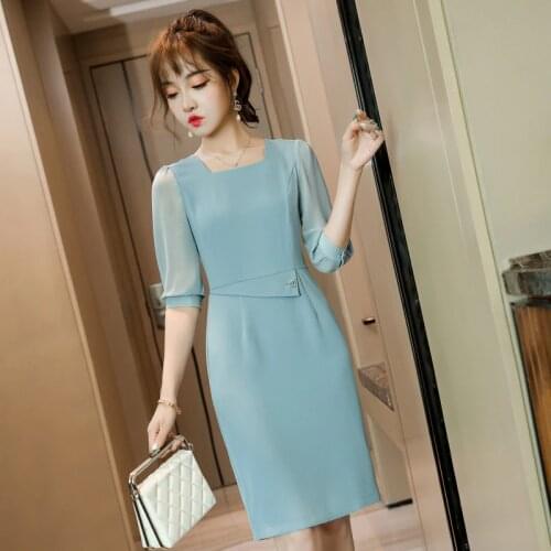 Fashion Elegant Blue OL Styles Women Dresses Half Sleeve Spring Summer Business Work Wear Ladies Beauty Salon Vestidos Clothes