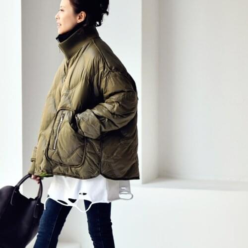 MICOCO Y9960C Korean fashion embossed big pocket asymmetrical loose joker stand collar handsome down jacket