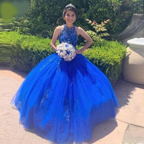 Royal Blue O-Neck Open Back Ball Gown Quinceanera Dresses Sleeveless Beading Crystals Sweet 16 Debutante Prom Party Dresses