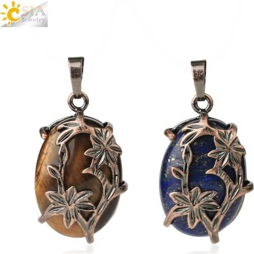 CSJA Vintage Egg Shaped Pendants Natural Crystal Stone Antique Copper Plated Flower Half Moon Pendant DIY Necklaces Jewelry G600