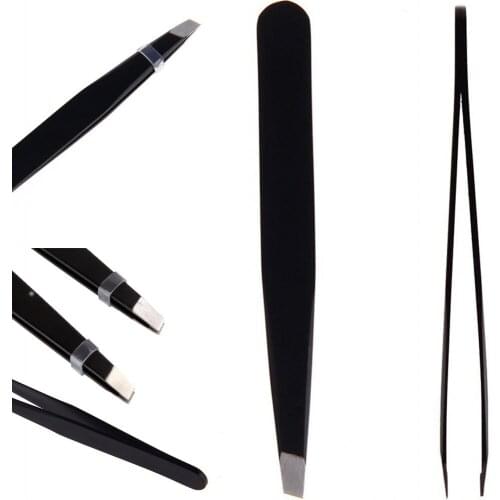 Hot Sale 2 Styles Black Stainless Steel Eyebrow Tweezer Hair Beauty Slanted Puller Eye Brow Clips Makeup Tool