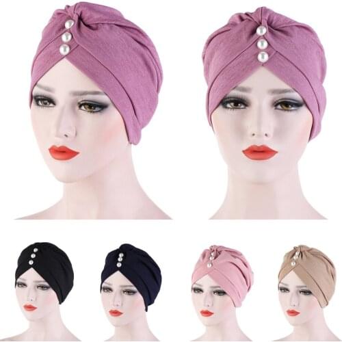 Indian Women Elastic Turban Hat Pleated Muslim Headscarf Wrap Cover Cancer Chemo Caps Islamic Arab Beanie Bonnet Headwear Hat