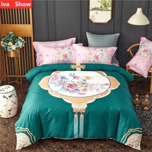 Iva Show Green Cotton New Chinese Large Flower Bedding Set European Floral Style Bed Set Cotton Pillowcase Queen Four-Piece Set