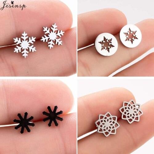 Jisensp Fashion Jewelry Lovely Snowflake Stainless Steel Earrings Winter Snow Flower Stud Earrings for Women Christmas Gift