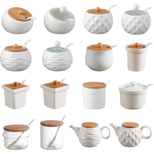 Ceramic Seasoning Jars with Wooden Lid Salt Shakers Kitchen Supplies White Spice Organizer Canister Spoon Set White Sugar Box