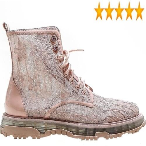 Hollow Fashion Women Out Ankle New Patchwork Genuine Leather Boots Summer Breathable Lace Up Round Toe Platform Shoes