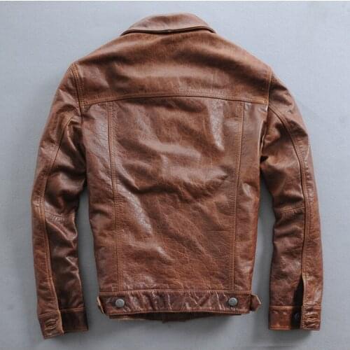 Italy Vintage slim fit single breasted leather biker coat for men brown mens short casual motorcycle jacket