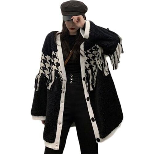 2020 New Winter Womens Faux Fur Coats Houndstooth Lamb Plush Coat Tassel Plus Size Female Jackets Lady Trendy Loose Outerwear