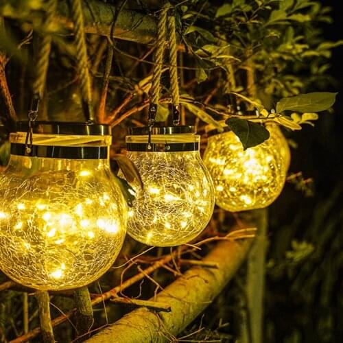 NEW Solar Crack Hanging Lamp Led Glass Jar Ball Light Outdoor Waterproof Garden Copper Wire Lights for Christmas Tree Decoration