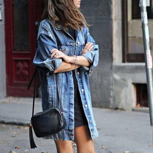 Autumn Women Sexy Ripped Denim Jackets 2021 Vintage Casual Long Jean Jacket Winter Female Long Sleeve Coat Streetwear Plus Size