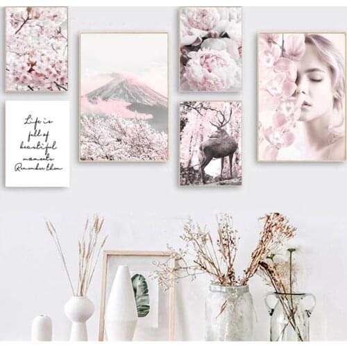 Cherry Blossoms Peony Girl Deer Mountain Nordic Posters And Prints Wall Art Canvas Painting Wall Pictures For Living Room Decor