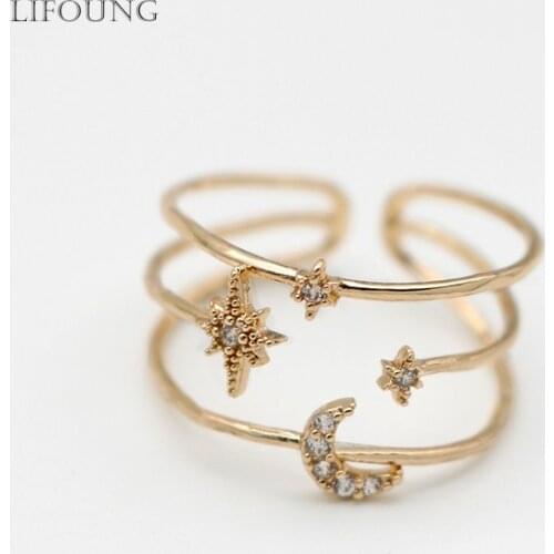 Adjustable Ring For Women Copper Rhinestones Cute Mini Thin Styles Fashion Star Moon Solder Items Hollow Resizable Girls 2021102
