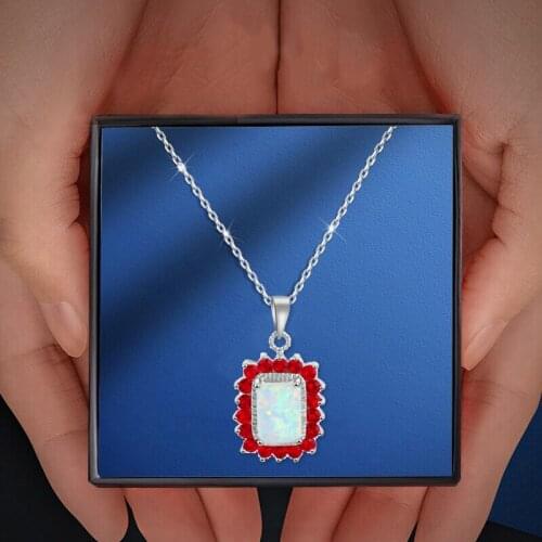 ROLILASON For Women Best Birthday Gift White Fire Opal Silver Stamped Red Garnet Pendant Fashion Jewelry OPS672