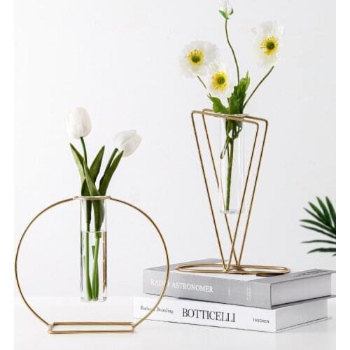 Nordic Simple Glass Flower Vase with Geometric Iron Holder Office Desktop Hydroponics Plants Vase Home Decoration Ornaments