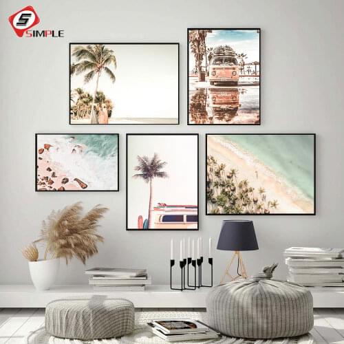 Modern Landscape Poster Tropical Sea Palm Tree Bus Wall Art Inspirational Canvas Painting Picture Living Room Home Decoration