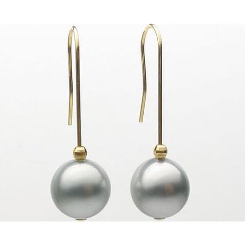 Luminous 9.5-10MM SIlver Gray Real Tahitian Pearl Drop Earrings 14K Yellow Gold