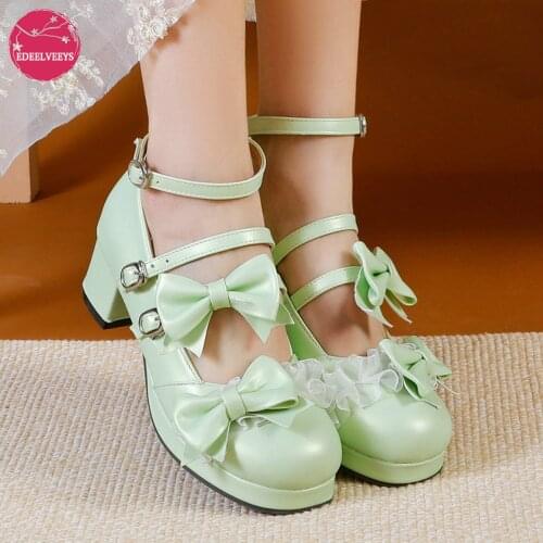 Lolita Shoes Women Platform Round with Cross Straps Bow Cute Girls Princess Tea Party Shoes Students Lovely Pumps Size 34-48