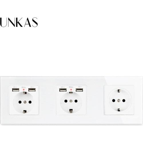 UNKAS 3 Gang EU Standard Wall Socket With 2 USB Charging Port For Mobile Phone Socket Glass Panel 258*86mm