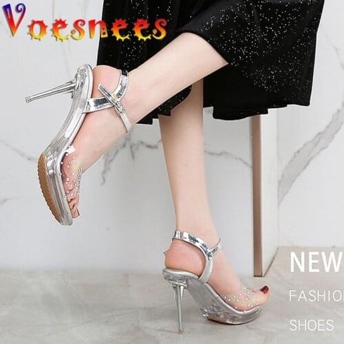 Voesnees 2021 New Stiletto Women Shoes Summer Shiny Diamond Wedding Dress High Heels Silver Transparent Platform Party Sandals