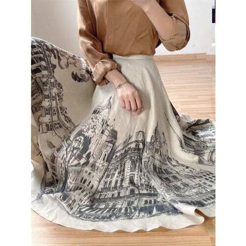 Renaissance 100% Linen Natural Building Castle Pattern Full Skir Art Sketch Painting High Waist Drape Wash Cotton Jacquard Skirt